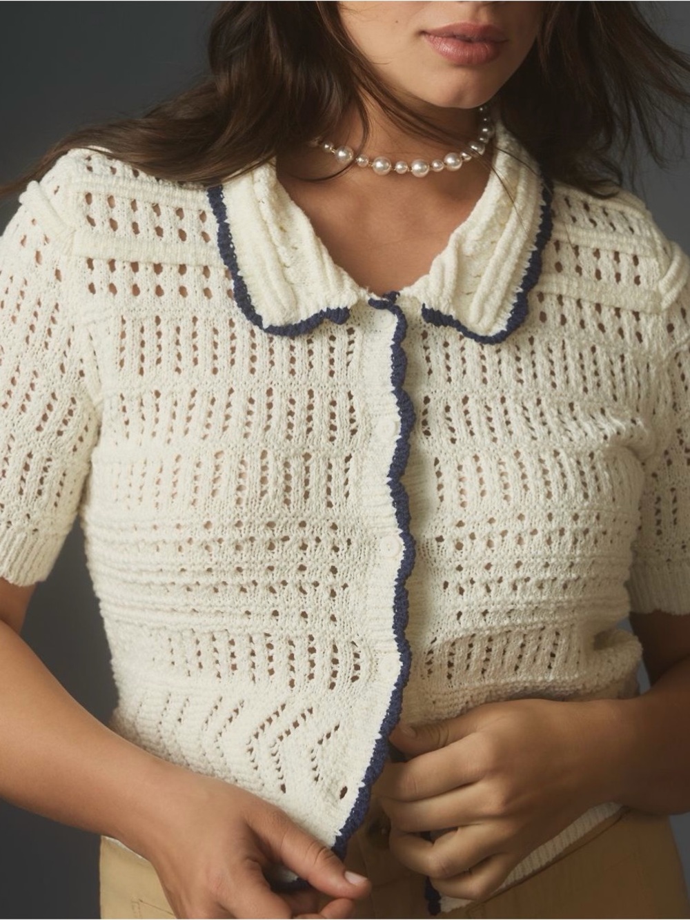 Anthropologie | Maeve Short-Sleeve Open-Stitch Polo Cardigan Sweater | Size: SM - Picture 5 of 7